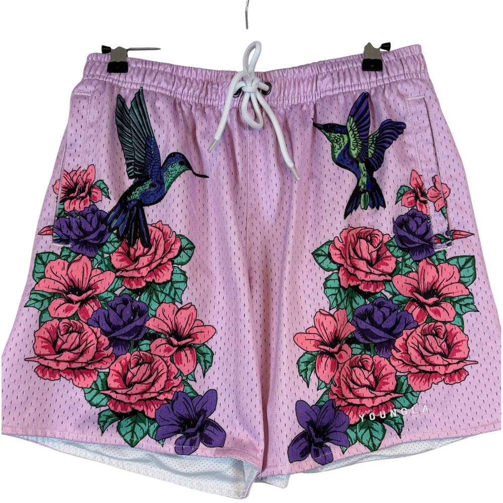 YoungLA 461 Pink Hummingbird Floral Mesh Gym Shorts •L• Purple Roses Botanical